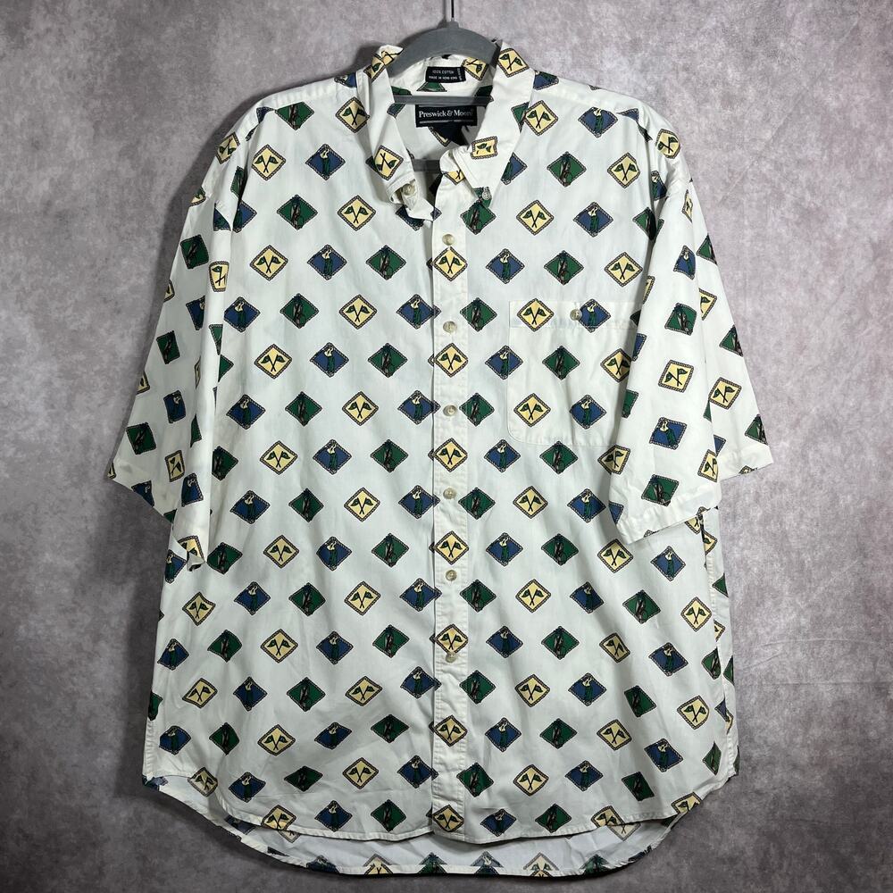 Preswick & Moore Shirt Mens Size XL‎ White Golf Print Button Down Casual Preppy